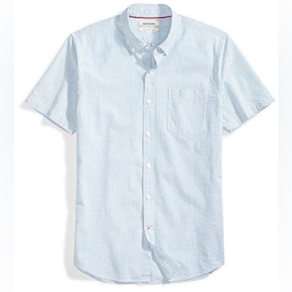 Goodthreads Men's Blue Seersucker short sleeve button down shirt slim large